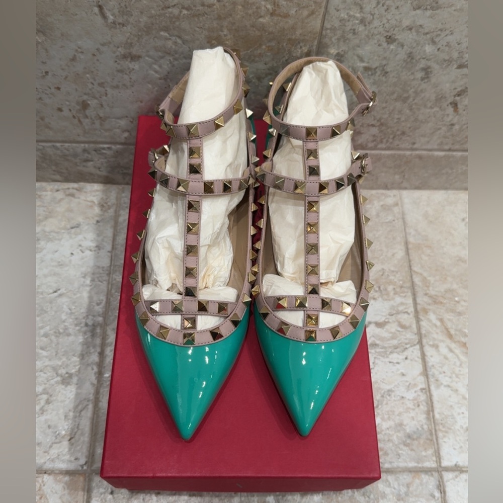 Valentino Rockstud Patent Leather T-Strap Flats